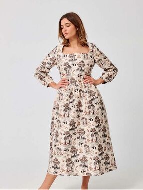 Meadows Bryonia Winter Doe Midi Dress Cotton Square Neck Pockets size 12 NWT